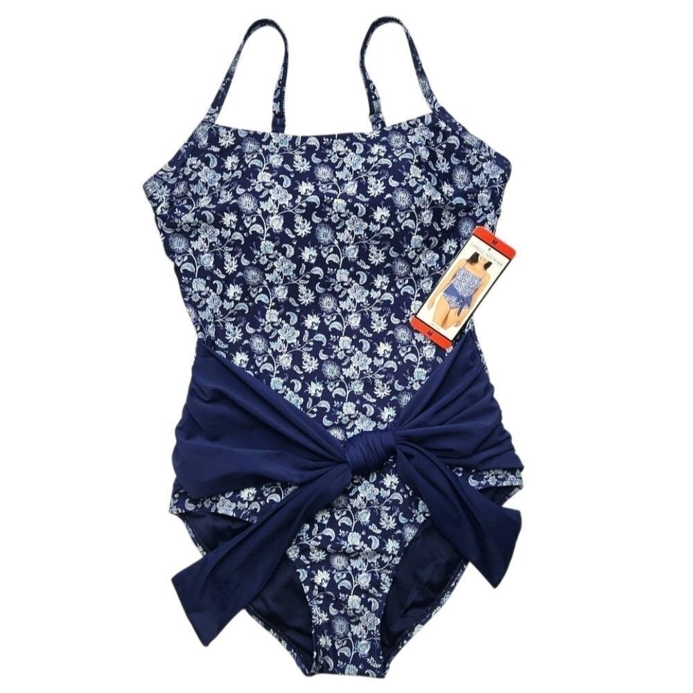 NEW! Carole Hochman Women's Swimsuit Tie Waist Paisley Blue White UPF 50+ Medium